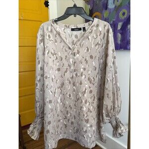 Dennis Basso Stretch Satin Smocked Cuff Tunic Sand XL